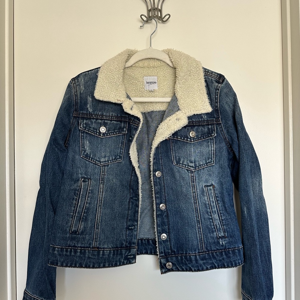 Kensie Cream Sherpa-Lined Jacket with Blue Denim Trim